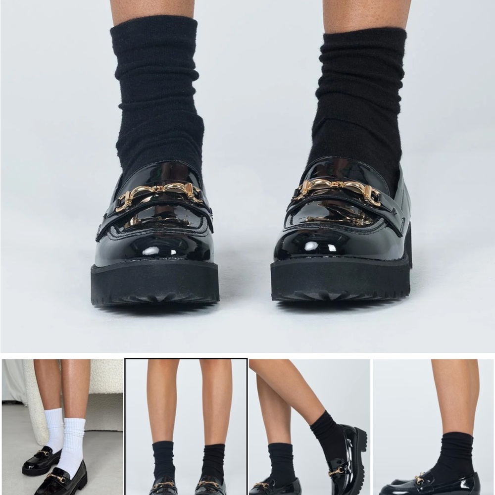 Princess Polly Shiny Black Loafers with Gold Accent - Picture 2 of 4